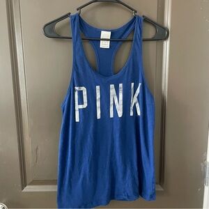 PINK Victoria's Secret Deep Blue Silver Metallic Logo Racerback Tank Top Size XS
